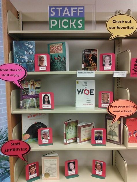 Staff Recommendations Library Display, Teacher Book Recommendations Display, Staff Picks Library Display, Middle School Classroom Themes, School Library Book Displays, Library Orientation, Books Display, School Library Design, School Library Displays