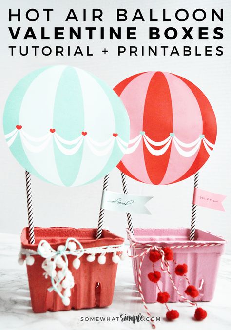 Want to make Valentine Boxes this year that are insanely darling, but super easy and quick to put together? Then you have to check out this adorable Hot Air Balloon Valentine Box idea! Hot Air Balloon Valentine, Balloon Valentine, Kids Valentine Boxes, Valentine Card Box, Valentine Boxes, Valentines Box, Valentine Mailbox, Valentine Day Boxes, Valentine's Day Printables