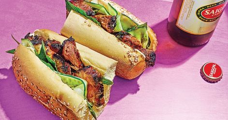 This riff on the classic banh mi swaps the usual cold cuts for fatty Chinese-style grilled pork and a layer of cooling cucumber. Banh Mi Sandwich Recipe, Pork Banh Mi, Crab Sandwich, Banh Mi Sandwich, Braised Brisket, Bahn Mi, Chinese Bbq Pork, Best Sandwich Recipes, Chinese Pork