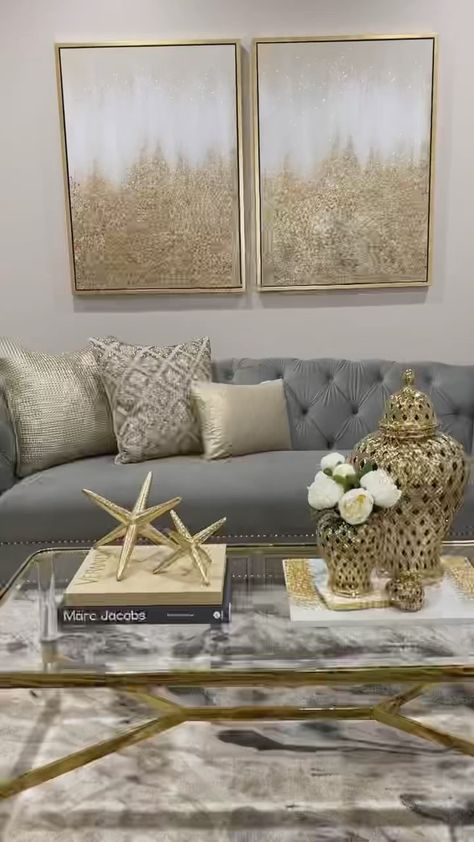 Grey And Cream Decor, Neutral Aesthetic Apartment Living Room, Living Room Silver And Gold, Gold And Silver House Decor, Grey And Gold Living Room Ideas Modern, Grey Beige Gold Living Room, Silver Gold Living Room, Gold And Gray Living Room, Living Room Gold Decor