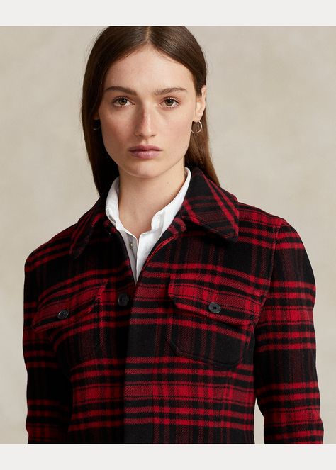 Plaid Wool Twill Utility Jacket for Women | Ralph Lauren® UK Womens Utility Jacket, Ralph Lauren Plaid, Field Jacket, Jacket Blazer, Wool Plaid, Red Jacket, Utility Jacket, Winter Sale, Red And Black