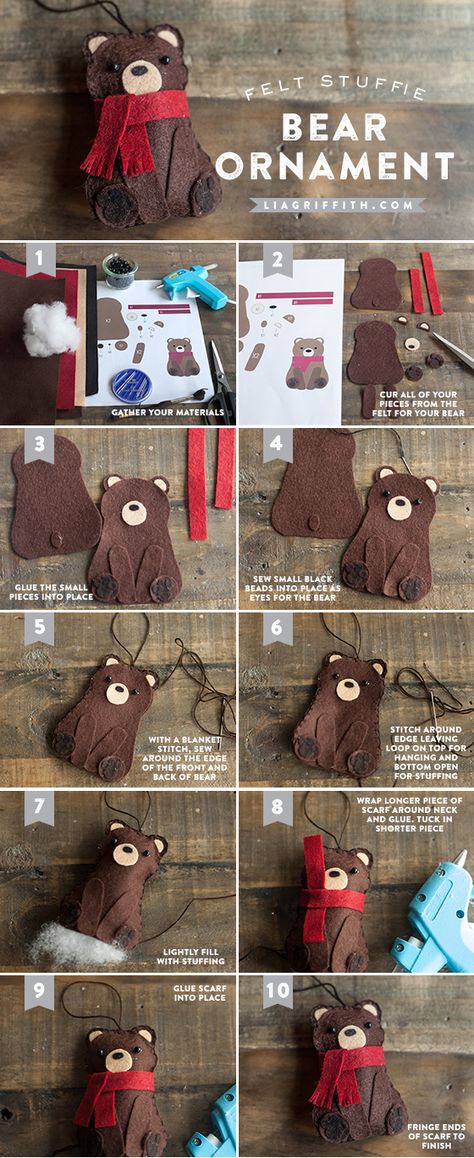 DIY Christmas Gift Topper Tag How to Make this cute Felt bear stuffie for an ornament or gift topper. Free pattern and tutorial. Cute Felt Christmas Ornaments, Black Bear Ornaments Diy, How To Make Felt Ornaments Tutorials, Moose Felt Ornament, Diy Bear Ornaments, Free Felt Ornament Patterns Templates, Felt Animal Ornaments Patterns Free, Felt Animal Patterns Free Templates Diy, Christmas Bear Decorations