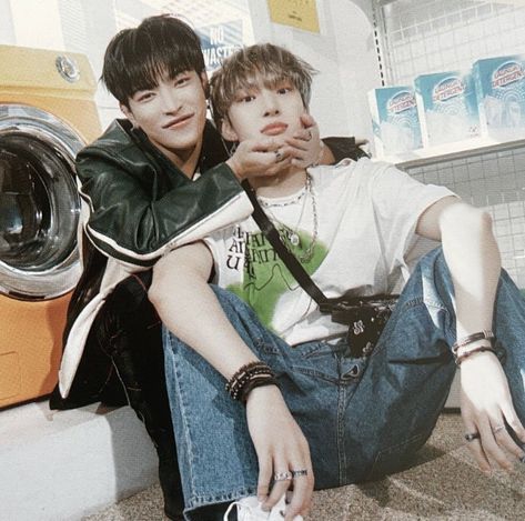 song mingi and kim hongjoong from kpop boy band ateez (photo taken from their laundry service for atiny kit) Minjoong Ateez Fanart, Mingi Princess, Hongjoong Mingi, Pirate Kids, Male Idols, Song Min-gi, Kim Hongjoong, Everything Is Awesome, Extended Play