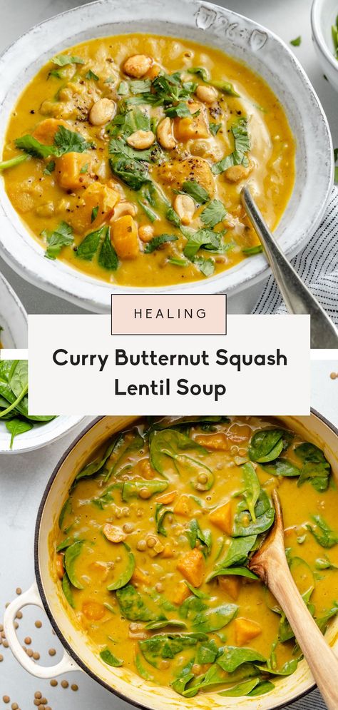 Butternut Squash Lentil Soup, Squash Lentil Soup, Butternut Squash Lentil, Butternut Squash Spinach, Butternut Squash Curry, Roasted Tomato Basil Soup, Curried Butternut Squash Soup, Ambitious Kitchen, Soup Vegan