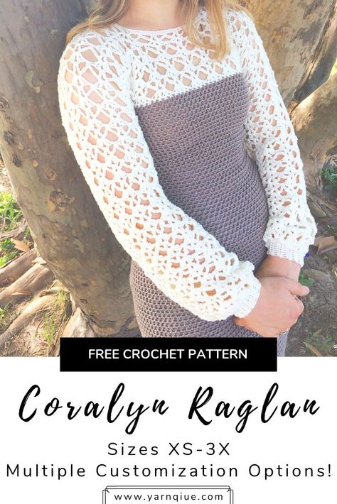 Crochet Lace Sweater Pattern, Crochet Long Sleeve Shirt Free Pattern, Crochet Raglan Sweater Pattern Free, Free Crochet Dress Patterns, Easy Crochet Dress, Free Crochet Clothing Patterns, Crochet Sleeves Pattern Free, Crochet Sleeves, Crochet Yoke