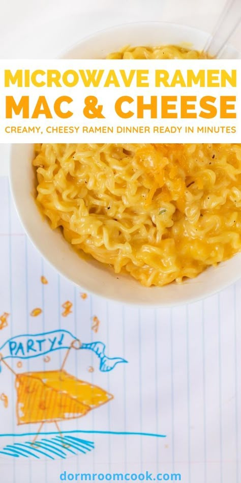 Creamy, cheesy ramen dinner ready in minutes.  #Microwave #Microwavecooking #College #Collegelife #Dormroomcook Creamy Cheesy Ramen Noodles, Ramen Mac And Cheese, College Microwave Meals, Ramen Noodle Recipes Cheese, Microwave Ramen Noodles, Cheesy Ramen Noodle Recipes, Microwave Dinner Recipes, Ham Ramen, Creamy Ramen Noodle Recipes