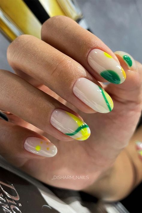 green and yellow nails, fun summer nails, oval shaped nails, summer nail art designs, colorful nail colors, bright nail colors, summer nail art designs 2021, ombre nail colors, nail art designs 2021 #nailart #nailart2021 Green Yellow Nails, Stadium Photoshoot, Summer Oval Nails, Green And Yellow Nails, Summer Nails Art Designs, Biab Nails, Neon Yellow Nails, Summer Nails Art, New Nail Colors