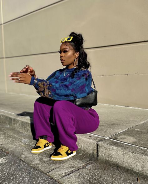 Black And Yellow Sneakers Outfit, Mustard And Purple Outfit, Breakfast Date Outfit Casual, Purple Streetwear Outfit, Purple Joggers Outfit, Purple And Brown Outfit, Yellow And Purple Outfit, Purple Outfits Black Women, Purple And Green Outfit