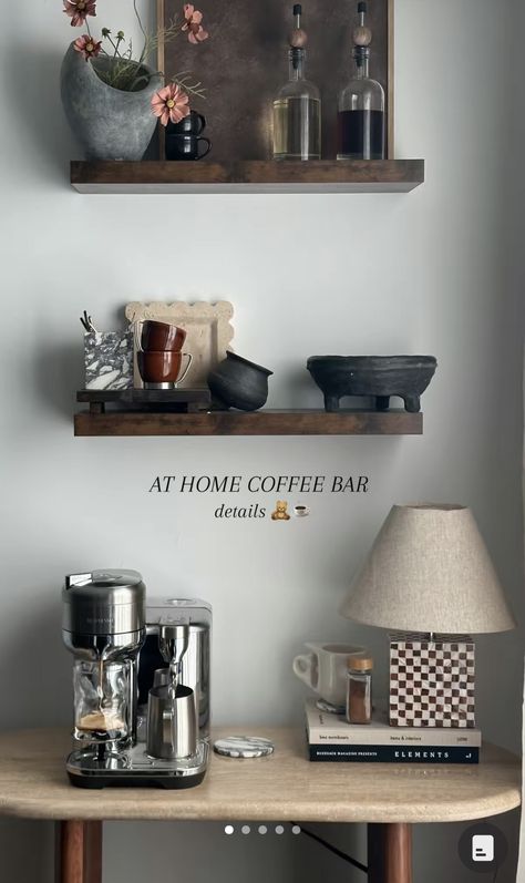 Coffee Kitchen Aesthetic, Bar Corner Ideas Small Spaces, Aesthetic Coffee Corner At Home, Coffee Bar Nespresso Ideas, Kitchen Shelf Coffee, Countertop Coffee Corner, Aesthetic Coffee Bar Home, Small Kitchen Coffee Bar, Coffee Bar Ideas For Small Spaces