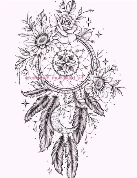 Dream Catcher Drawing Unique, Mandala Dream Catcher Tattoo, Dreamcatcher Tattoos, Dream Catcher Tattoo Design Unique, Dreamcatcher Drawing, Dream Catcher Drawing, Girl Thigh Tattoos, Boho Tattoos, Dream Catcher Tattoo