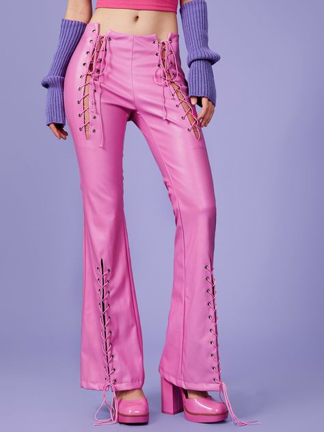 Hot Pink Glamorous   PU Leather Plain Flare Leg  Slight Stretch All Women Bottoms Pink Leather Pants, Lace Up Leather Pants, Brunch Outfit Spring, Birthday Fits, Shein Icon, Leather Pants Women, Brunch Outfit, Women Pants, Pink Pants