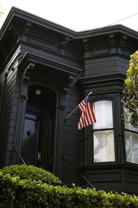 dark painted victorian houses | Above: Black on black on a Victorian house in San Francisco with ... Black Houses, Interior Wall Paint, Traditional Houses, Casa Exterior, Up House, Black House Exterior, Ansel Adams, Black Exterior, Victorian Homes