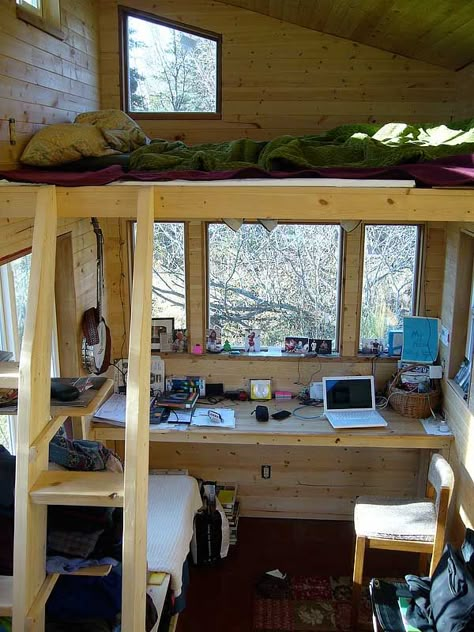 different bed orientation than what I typically see.  Like the offset stairs Small Tree House Interior, Alaskan House, Tiny House Desk, Bed Orientation, Tiny House Concept, Stairs Shelves, Alaskan Cabin, Double Loft Beds, Loft Desk