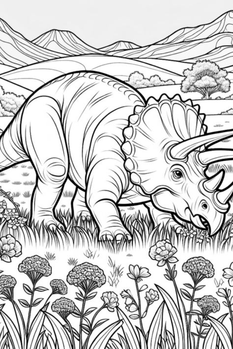 Get ready for a fun artistic adventure with our Triceratops grazing in a bright, prehistoric field! This coloring page captures a friendly dino surrounded by flowers and tall trees, set against majestic mountains. Perfect for dinosaur lovers of all ages, this activity helps develop creativity and mindfulness Field Full Of Flowers, Forest Coloring Pages, Enchanted Forest Coloring, Cool Dinosaurs, Prehistoric World, Forest Color, Dinosaur Coloring Pages, Dinosaur Coloring, Majestic Mountains