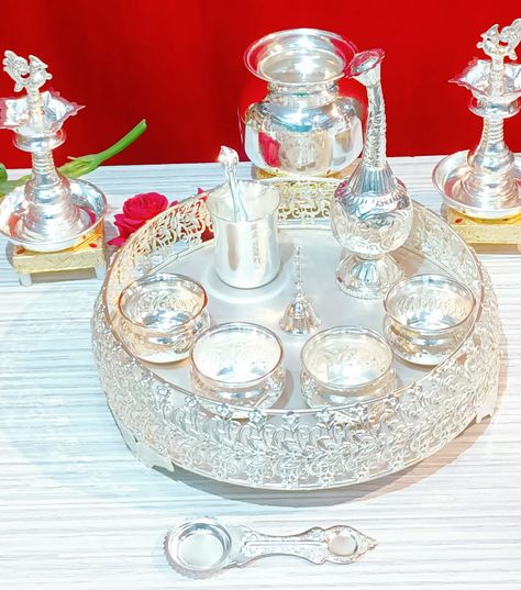 Germán silver combo pooja thali set Silver Pooja Thali, Thali Plate, Wedding Plate Setting, Diwali Pooja, Pooja Thali, Boat Neck Blouse Design, Silver Pooja Items, Wedding Plates, Wooden Statues