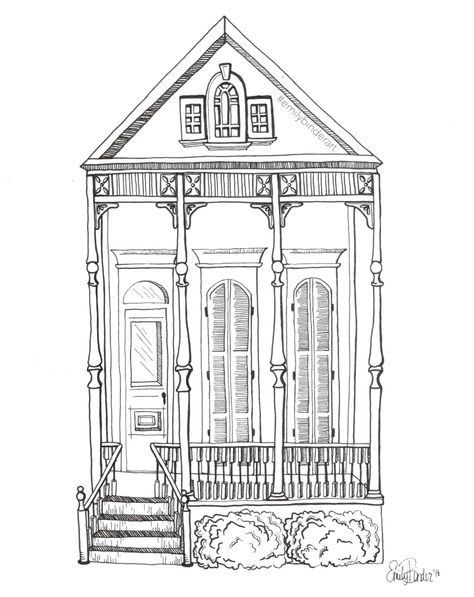 New Orleans Shotgun House #inkdrawing #nola #neworleansshotgunhouse #emilybinderart New Orleans Drawing, Scrapbook Drawings, New Orleans Shotgun House, New Orleans Tattoo, Building Tattoo, Nola Art, Jazz Painting, House Doodle, New Orleans Architecture