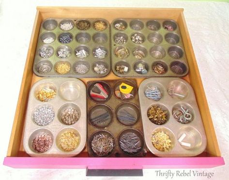 15 Easy DIY Living Room Decor Ideas | Hometalk Junk Drawer Organization, Diy Drawer Dividers, Junk Drawer Organizing, Bathroom Clutter, Quick Organization, Vintage Bakeware, Drawer Organization, Upcycle Ideas, Muffin Pans