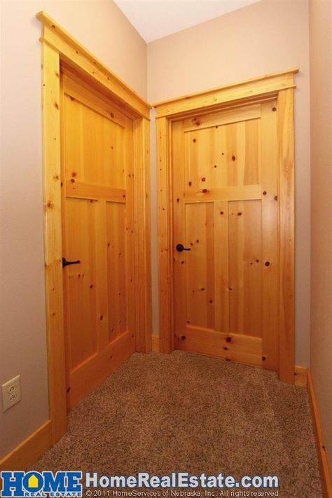 pine doors alaska | Check out the natural knotty pine trim and solid wood doors. Hickory Doors And Trim, Knotty Pine Trim Interior, Amish Interior, Pine Trim Interior, Natural Wood Interior Doors, Knotty Pine Trim, Solid Wood Front Entry Doors, Trim Cabinets, Knotty Pine Doors