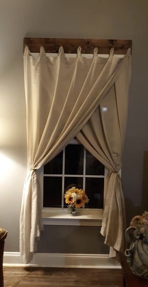 Pull Back Curtains Ideas, Curtains With Small Windows, Curtains Over Mirror, Rustic Bathroom Curtain Ideas, Diy Valence Curtain, Diy Shower Dispenser, Tab Top Curtains On Hooks, Country Curtains Farmhouse Style Bedroom, Country Windows Ideas