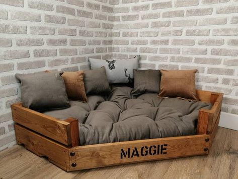 Corner Dog Bed, Black Upholstery Fabric, Oak Wood Stain, Wooden Dog Bed, Pallet Dog Beds, Wooden Beds, Dog Rooms, Button Style, Cots