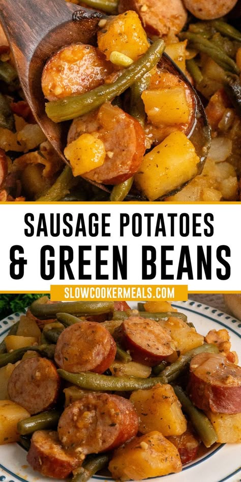 Close-up of sausage potatoes and green beans on a wooden spoon and plate. Sausage Potatoes And Green Beans, Sausage Potatoes Green Beans, Crockpot Sausage And Potatoes, Crock Pot Sausage, Smoked Sausage And Potato Recipe, Sausage Crockpot Recipes, Sausage And Green Beans, Beans Recipe Crockpot, Slow Cooker Green Beans