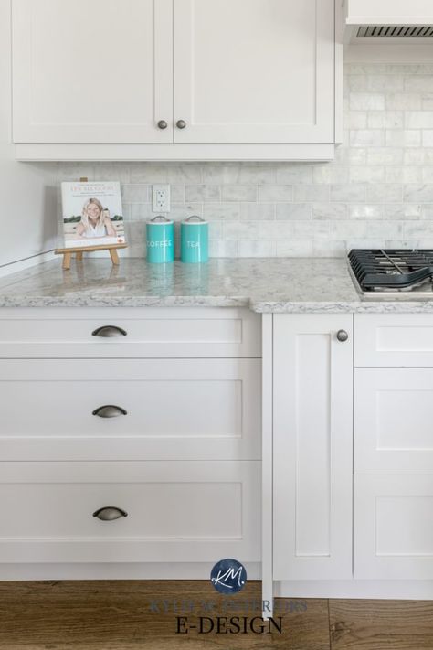 White Marble Backsplash, Kylie M Interiors, Backsplash White, Backsplash For White Cabinets, Marble Subway Tiles, White Subway Tile Backsplash, Best White Paint, Grey Countertops, Kitchen Backsplash Designs