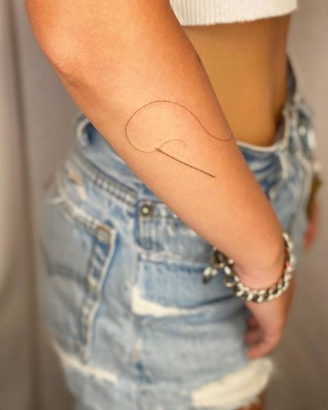 Where To Put Tiny Tattoos, Needle And Thread Tattoo Scar, Sewing Needle And Thread Tattoo, Needle And Thread Tattoo Simple, Thread And Needle Tattoo, Thread Tattoo Ideas, Needle Tattoo Design, Linear Tattoos For Women, Sewing Needle Tattoo