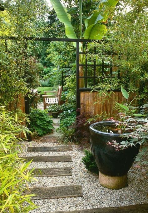 a Japanese garden with bamboo trees and an old wooden pathway, a water bowl as a water garden is amazing Planter Pond, Trellis Screen, Paul Kelly, Stone Planter, Small Japanese Garden, Japanese Garden Landscape, Zen Garden Design, Gravel Path, Meditation Garden