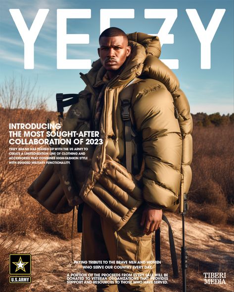 Male model wearing new Yeezy US Army collection collaboration created in Midjourney AI Yeezy Campaign, Yeezy Brand, Fashion Poster Design, Cover Magazine, Fashion Moodboard, Blog Titles, Brand Campaign, Mobile Responsive, Army Fashion