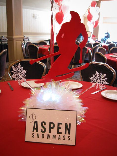 Ski Silhouette Centerpiece Ski Themed Centerpiece with Cutout Silhouettes Ski Silhouette, Sports Themed Centerpieces, Sports Banquet Centerpieces, Athletic Banquet, Sports Centerpieces, Themed Centerpieces, Banquet Centerpieces, Balloon Arrangement, Ski Party