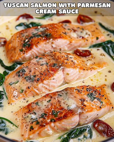 Yay Recipes - TUSCAN SALMON WITH PARMESAN CREAM SAUCE... Tuscan Salmon, Carrots Healthy, Spicy Peanut Noodles, Creamy Parmesan Sauce, Parmesan Cream Sauce, Salmon Fillet, Creamy Parmesan, Garlic Parmesan Chicken, Parmesan Sauce