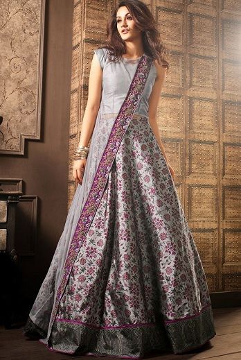 Silk Indo Western Lehenga Choli वेस्टर्न ड्रेस, Silk Kameez, Grey Dupatta, Drape Lehenga, Indo Western Lehenga, Western Lehenga, Long Choli Lehenga, Orang India, डिजाइनर कपड़े