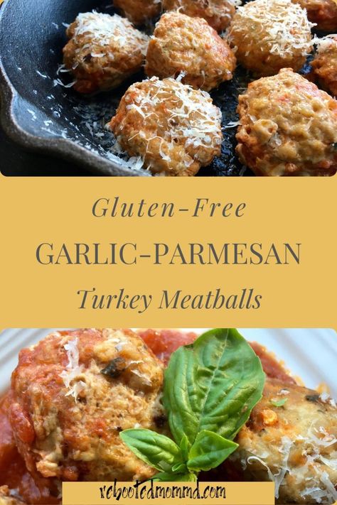 Gluten-Free Garlic-Parmesan Turkey Meatballs Meatball Recipe No Breadcrumbs, Gluten Free Turkey, Gluten Free Meatballs, Parmesan Meatballs, Fresh Oregano, Turkey Meatballs, Glass Baking Dish, Garlic Parmesan, Meatball Recipes