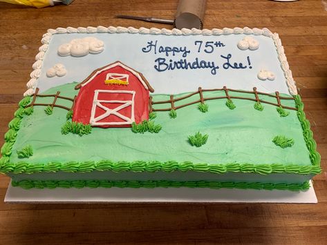 Barnyard Sheet Cake, Farm Theme Sheet Cake, Old Mcdonald Birthday Party Cake, Simple Farm Cake Ideas, Farm Birthday Sheet Cake, Farm Theme First Birthday Cake, Farm Animal Sheet Cake, Barnyard Cake Ideas, Farm 2nd Birthday Cake