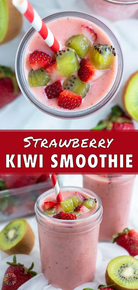 Strawberry Kiwi Smoothie is an easy 5-ingredient smoothie with a delicious flavor combination. Made in just 5 minutes, this smoothie is perefct for enjoying all summer long! Kids and adults will the the sweet and tart flavor combination in this healthy smoothie. Take it on-the-go for a quick breakfast or enjoy it for a refreshing afternoon drink. Kiwi Breakfast Smoothie, Smoothie Recipes With Kiwi, 5 Ingredient Smoothies, Kiwi And Strawberry Smoothie, Smoothies With Kiwi Fruit, Healthy Kiwi Smoothie, Kiwi Blueberry Smoothie, Healthy Tasty Smoothies Recipes, Kiwi Smoothie Recipes Healthy