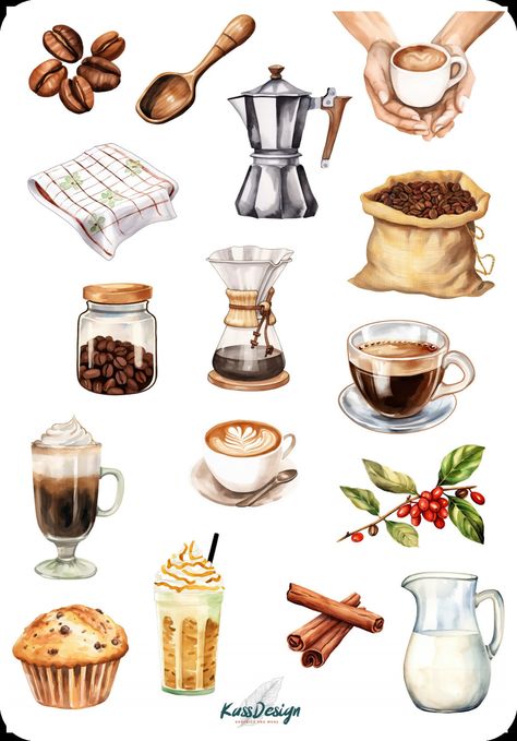 Coffee Collage Art, Coffee Stickers Aesthetic, Coffee Stickers Printable, Caramel Macchiato Recipe, Decoupage Paper Printable, Coffee Doodle, Coffee Watercolor, Coffee Stamps, Recipe Drawing