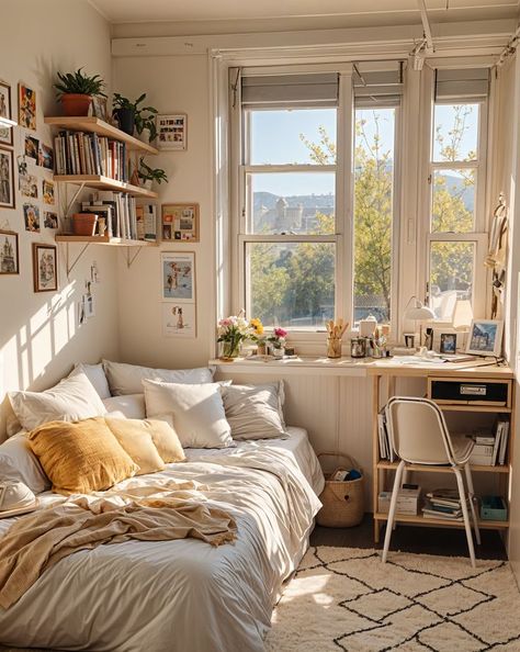 Large Window Bedroom Aesthetic, Books In Bedroom Aesthetic, Dorm Room Inspiration Aesthetic, Dorm Room Interior Design, Mini Bedroom Ideas, Simple Cozy Room, Aesthetic Room Organization, Simple Dorm Room Decor, Cozy Bedroom Chair