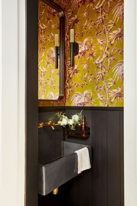 Bird Wallpaper Powder Room Brownstone Kitchen, Thanksgiving Table Design, Modern Hood, Roman Clay, Backsplash Marble, Designer Nightstand, Dark Wood Bathroom, Modern Family Home, Dark Paint Colors