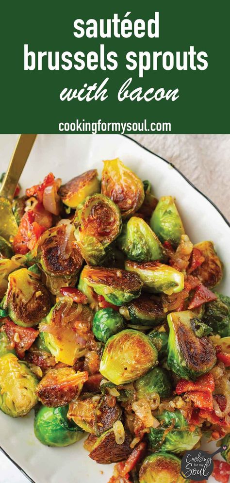 Sauteed Brussels Sprouts! These sauteed brussels sprouts with bacon, garlic, and shallots are the perfect side dish for any occasion, especially Thanksgiving. They caramelize beautifully and is drizzled with maple syrup. Brussel Sprout Recipes Sauteed, Brussel Sprout Recipes With Bacon, Sauteed Brussels Sprouts, Sautéed Brussels Sprouts, Autumn Cooking, Brussel Sprouts With Bacon, Brussels Sprouts With Bacon, Weekly Recipes, Desert Ideas