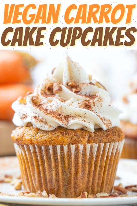 These delicious vegan carrot cake cupcakes are filled with pecans and warm spices, and topped with a creamy vanilla buttercream frosting! #vegancarrotcake #vegancarrotcakecupcakes #vegancupcakes #vegancakerecipes #vegandesserts Vegan Carrot Cupcakes, Vegan Carrot Cupcake Recipe, Easy Carrot Cake Cupcakes, Vegan Carrot Cake Muffins, Vegan Carrot Cake Cupcakes, Carrot Cupcake Recipe, Dairy Free Buttercream, Vegan Carrot Cake Recipe, Vegan Buttercream