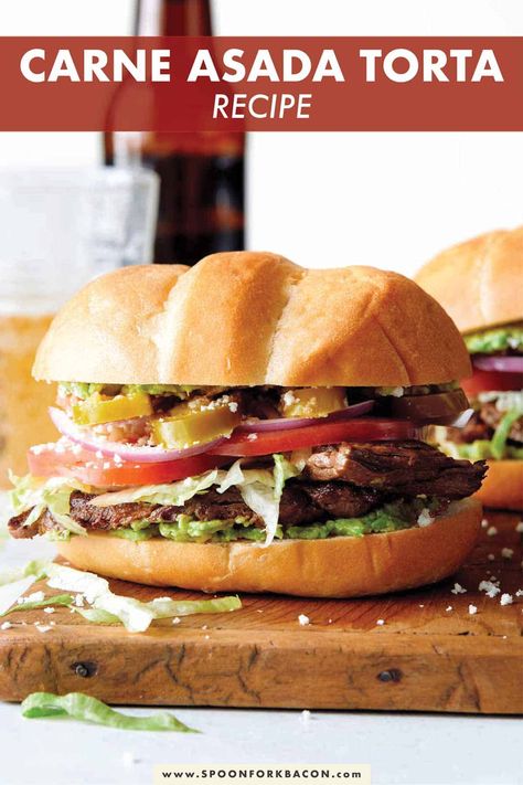 The only Carne Asada Torta recipe you'll ever need! The savory and juicy carne asada is loaded into a soft roll and piled high with all the classic Mexican flavors and toppings! #torta #sandwich #mexican #recipe Tortas Recipe, Carne Asada Sandwich, Carne Asada Burger, Easy Tortas Mexicanas Recipe, Tortas Mexicanas Recipe Beef, Beef Tortas Mexican, Steak Torta, Pork Tortas Sandwich, Tortas Mexicanas Recipe Steak