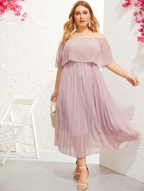 Plus Off Shoulder Pleated Dress | SHEIN Shein Wedding, Wedding Guest Dresses, Summer Wedding Dress, Formal Gown, Curvy Dress, Summer Party Dress, Hem Dress, Guest Dresses, Colorful Fashion