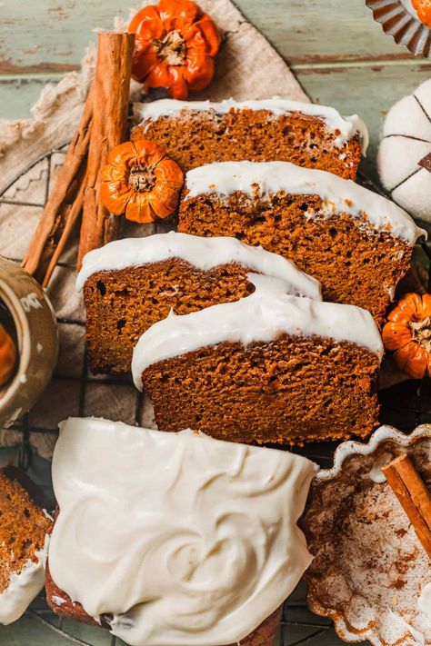 Pumpkin Bread with Cream Cheese Frosting Pumpkin Bread Pictures, Cream Cheese Icing For Pumpkin Bread, Pumpkin Bread With Cream Cheese Icing, Huevember 2024, Pumpkin Bread Aesthetic, Cream Cheese Swirled Pumpkin Bread, Pumpkin Loaves, Cream Cheese Swirled Pumpkin Butter Bread, Pumpkin Breads