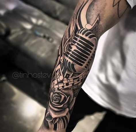 Arm Tattoos Music, Microphone Tattoo, Music Tattoo Sleeves, Half Sleeve Tattoos Forearm, Hand And Finger Tattoos, Tattoo Templates, Forearm Tattoo Women, Tattoos For Black Skin, Arm Sleeve Tattoos