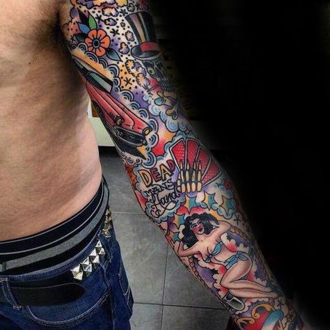 Retro Traditional Sleeve Tattoo On Male Traditional Tattoo Sleeve Filler, Old School Tattoo Sleeve, Traditional Tattoo Man, Tattooed People, Mangas Tattoo, Tattoo Sleeve Filler, Vintage Tattoos, Tattoo Filler, Traditional Sleeve