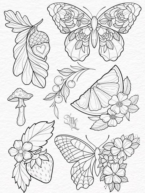 Fern Tattoo Drawing, Botanical Tattoo Flash Sheet, Tattoo Leaves Design, Bug Tattoo Flash Sheet, Cottagecore Tattoo Design, Plants Tattoo Ideas, Ladybug Sleeve Tattoo, Insect Tattoo Stencil, Beartooth Tattoo Ideas