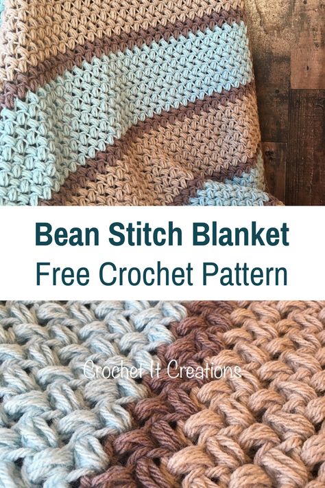 Easy Bean Stitch Crochet Blanket- Free Pattern - Knit And Crochet Daily Free Crochet Blankets For Men, Bean Stitch Crochet Blanket Free Pattern, Manly Crochet Blanket For Men, Crochet Bean Stitch Blanket, Free Crochet Blanket Patterns For Men, Bean Stitch Crochet Blanket, Masculine Crochet Blanket, Bean Stitch Crochet, Crochet Afghans Easy