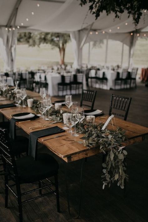 Wedding Black Table Setting, Greenery And Lights Ceiling Wedding, Virginia Fall Wedding, Black White Green Fall Wedding, Black Attire Wedding Decor, Rustic And Black Wedding, Black Rustic Table Setting, Black Wedding Tables Ideas, Reception Dining Decor