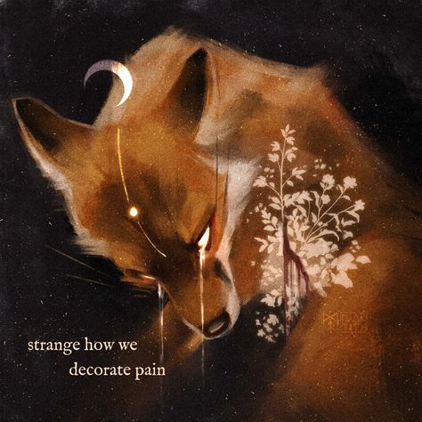 "Strange how we decorate pain" - Margaret Atwood #fox #moon #pain #quote #silence #quiet #decorate #flowers #wounds #tears #glow #digitalart #digitalpainting #illustration Quote Silence, Consciousness Art, Book Of Kells, Canine Art, Dark Art Illustrations, Margaret Atwood, Modern Fantasy, Fox Art, Creature Art