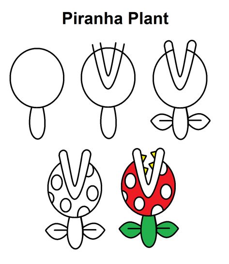 Step-by-step tutorial to draw a Piranha Plant from Super Mario. How To Draw Mario Mushroom, Easy To Draw Mario, Mario Doodles Easy, Easy To Draw Mario Characters, How To Draw Mario Bros, Step By Step Mario Drawing, Super Mario Bros Painting Ideas, Super Mario Drawing Ideas, How To Draw Mario Step By Step Easy